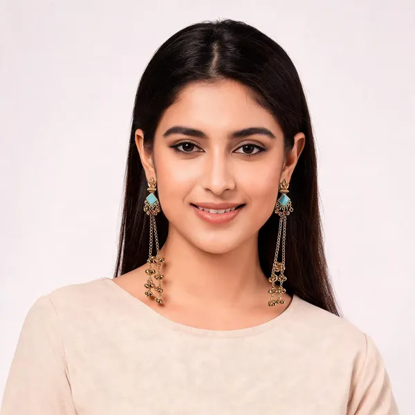Gold_Toned_Turquoise_Stone_Chain_Tassel_Kashmiri_Danglers_For_Women