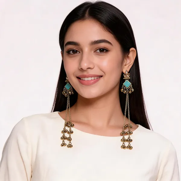 Gold_Toned_Turquoise_Stone_Chain_Tassel_Kashmiri_Danglers_For_Women