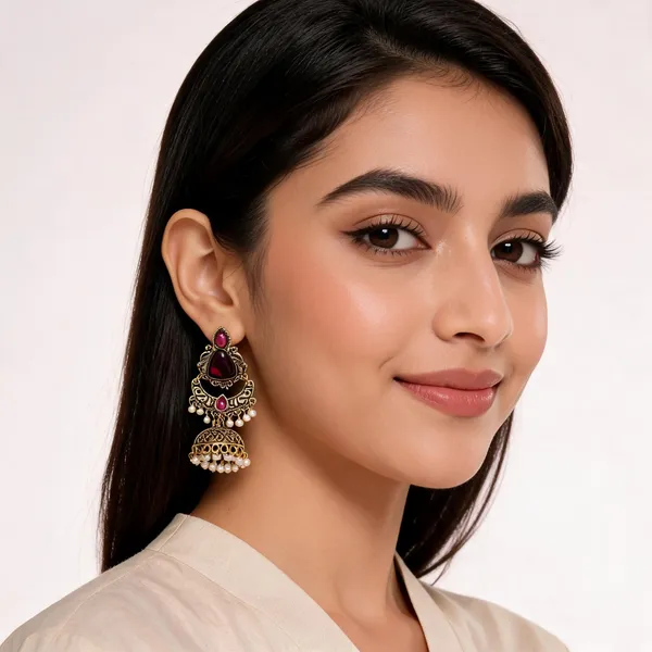 Gold_Toned_Maroon_Stone_Pearl_Jhumka_Earrings_For_Women