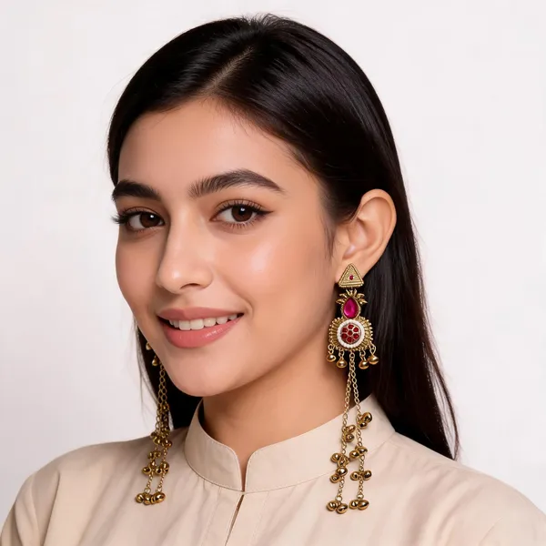 Gold_Toned_Pink_Stone_Kashmiri_Jhumka_Style_Dangler_Earrings_For_Women