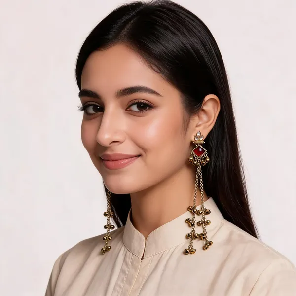 Gold_Toned_Red_Stone_Kashmiri_Jhumka_Earrings_With_Ghungroo_Tassels
