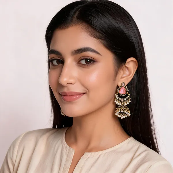 Gold_Toned_Pink_Stone_Pearl_Jhumka_Earrings_For_Women