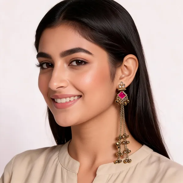 Gold_Toned_Pink_Stone_Long_Chain_Tassel_Jhumka_Kashmiri_Earrings_For_Women