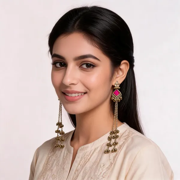 Gold_Toned_Pink_Stone_Long_Chain_Tassel_Jhumka_Kashmiri_Earrings_For_Women