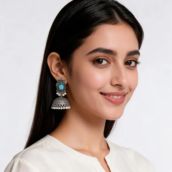 Oxidised_Silver_Turquoise_Stone_Jhumka_Earrings_For_Women