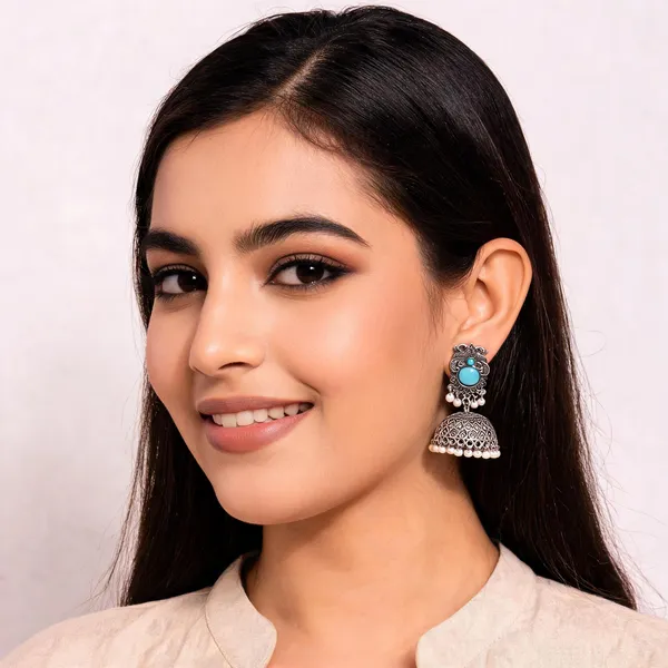 Oxidised_Silver_Turquoise_Stone_Jhumka_Earrings_For_Women