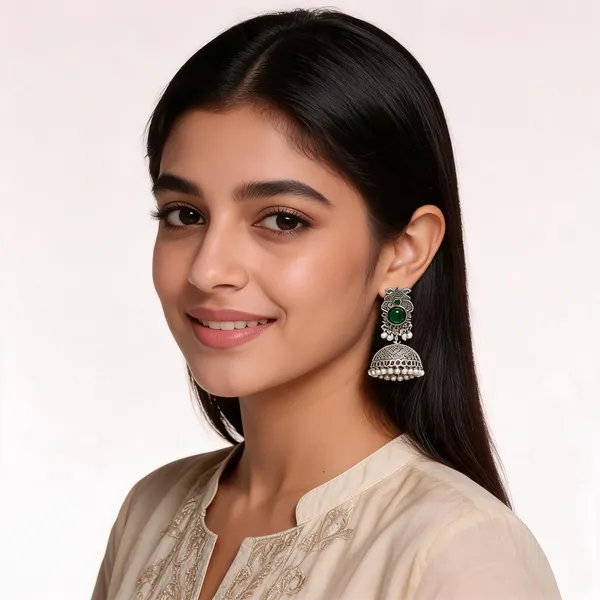 Silver_Oxidized_Green_Stone_Jhumka_Earrings_For_Women