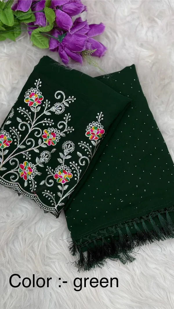 Georgette_Saree_With_All_Over_Siroki_Diamond_With_Fancy_Zalar_Dark_Green