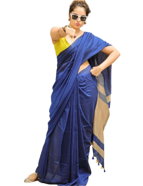 Khadi_Cotton_Sarees_Royal_Blue_With_Yellow_Blouse