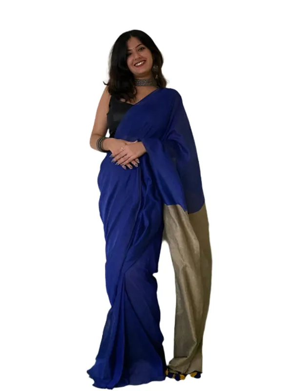 Khadi_Cotton_Sarees_Royal_Blue_With_Yellow_Blouse
