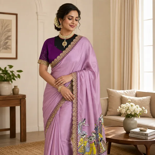 Print_Dola_Silk_Saree_With_Stitched_Blouse_Lavender_With_Purple