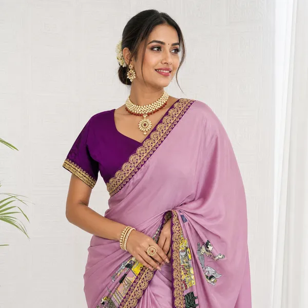 Print_Dola_Silk_Saree_With_Stitched_Blouse_Lavender_With_Yellow