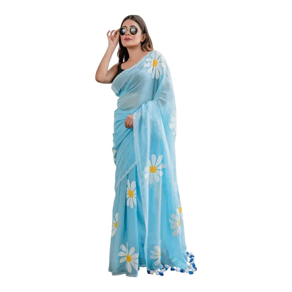 Linen_Sarees_With_Tassels_Sea_Blue