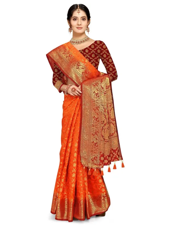 Self_Design_Patola_Cotton_Silk_Sarees_Orange_With_Red