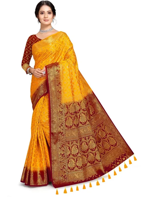 Self_Design_Patola_Cotton_Silk_Sarees_Yellow_With_Red