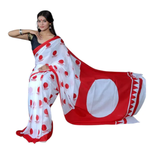 White_And_Red_Cotton_Mulmul_Saree_With_Blouse_Piece
