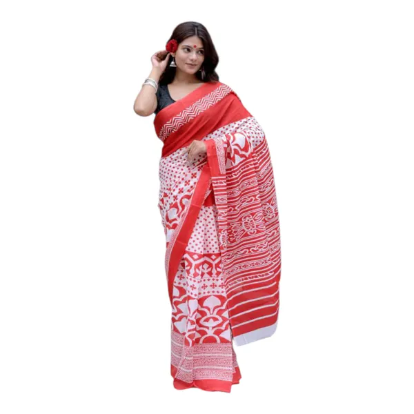 Cotton_Mulmul_Sarees_With_Blouse_Piece_Bright_Red_Cotton_Adults