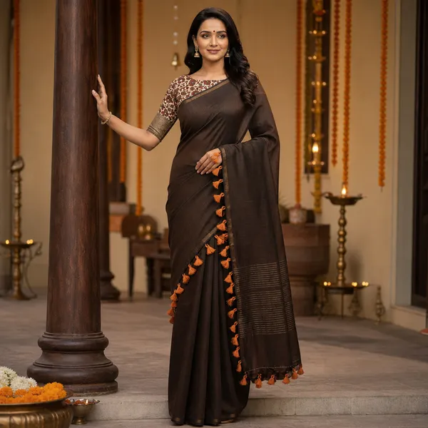 Elegant_Woven_Saree_With_Tassels_Brown_Cotton_Female
