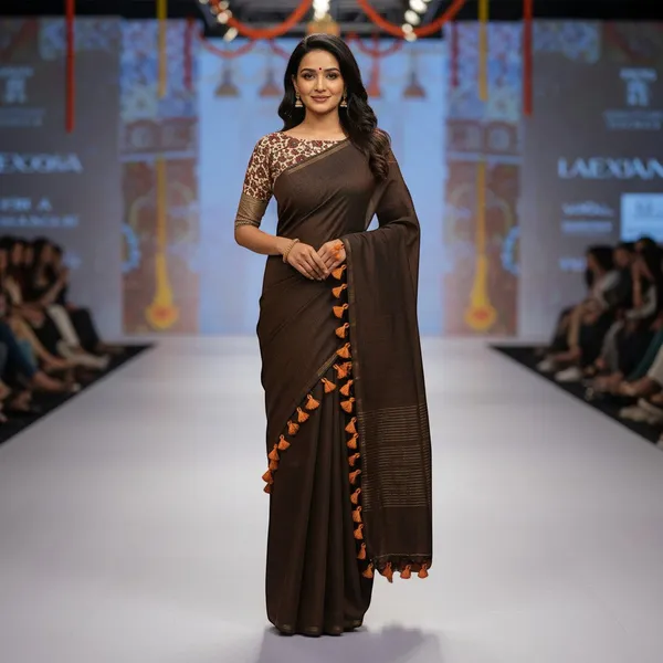 Elegant_Woven_Saree_With_Tassels_Brown_Cotton_Female