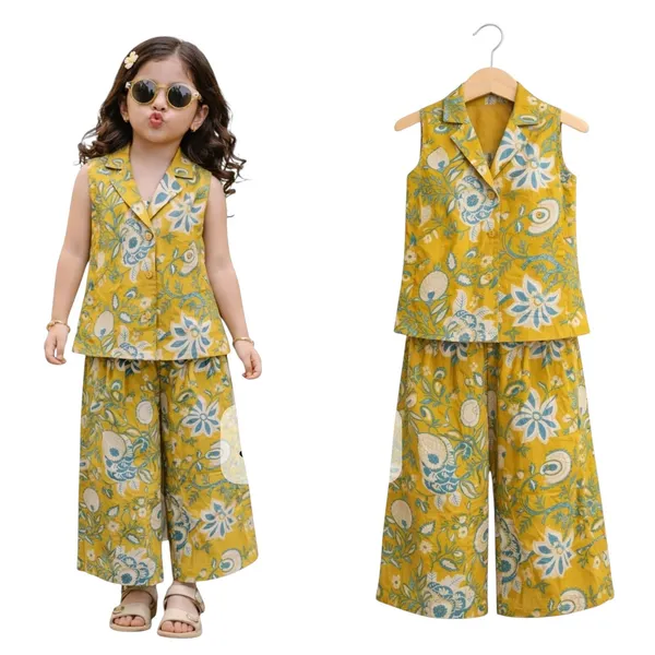 Girls_Sleeveless_Button_Down_Wide_Leg_Pants_Set_Yellow_Female_7_8_Years