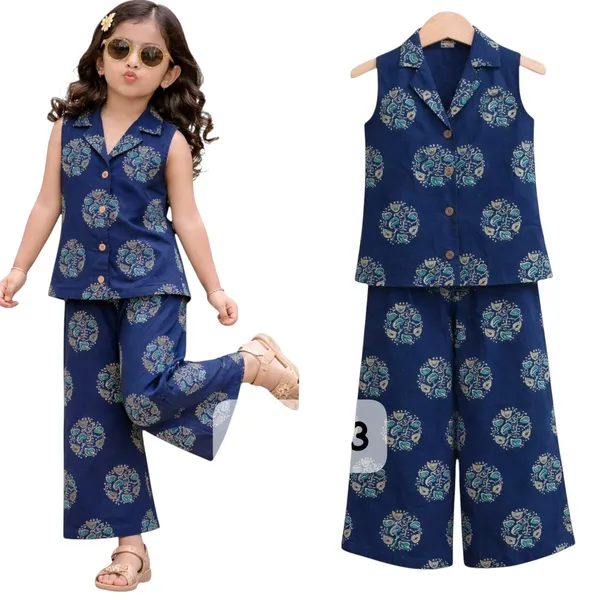 Girls_Sleeveless_Button_Down_Wide_Leg_Pants_Set_Navy_Female_5_6_Years
