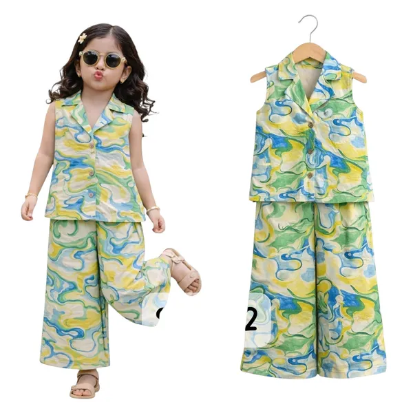 Girls_Sleeveless_Button_Down_Wide_Leg_Pants_Set_Green_Female_10_11_Years