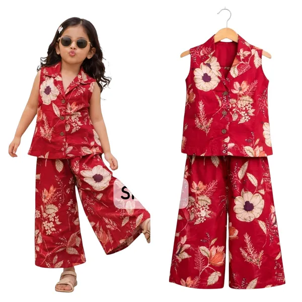 Girls_Sleeveless_Button_Down_Wide_Leg_Pants_Set_Bright_Red_Female_7_8_Years
