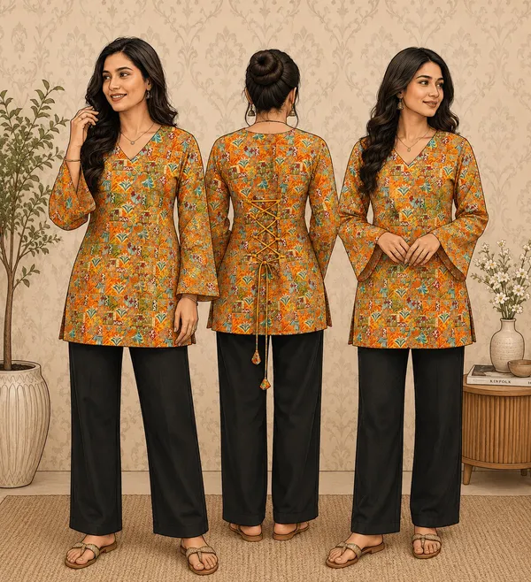 Elegant_Women's_Rayon_Top_Floral_Print_Bell_Sleeves_Back_Dori_Style_Orange