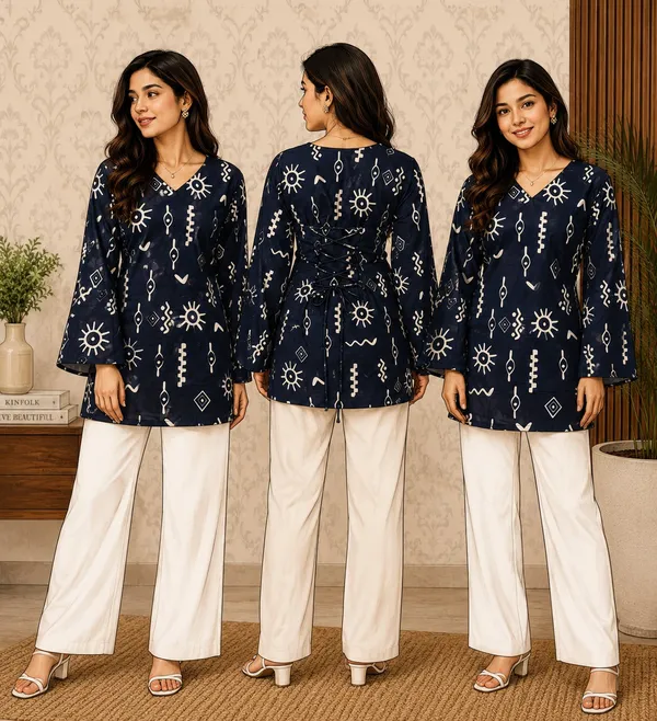 Elegant_Women's_Rayon_Top_Floral_Print_Bell_Sleeves_Back_Dori_Style_Navy