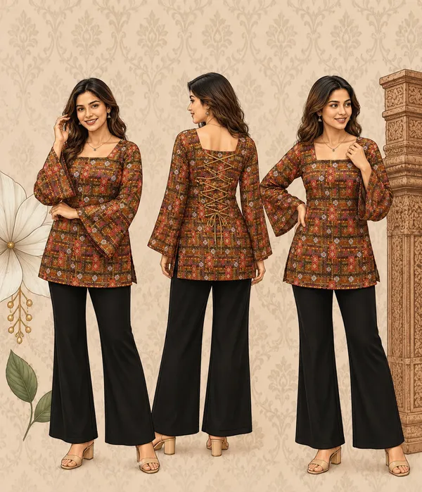 Elegant_Women's_Rayon_Top_Floral_Print_Bell_Sleeves_Back_Dori_Style_Dark_Brown