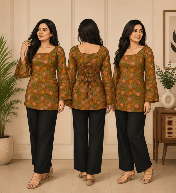 Elegant_Women's_Rayon_Top_Floral_Print_Bell_Sleeves_Back_Dori_Style_Dark_Brown