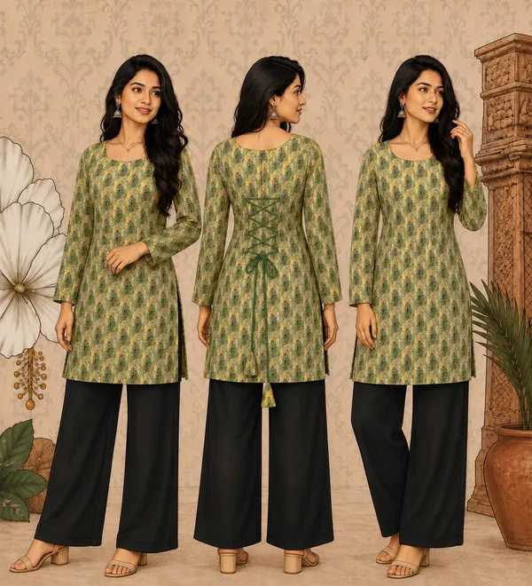 Elegant_Women's_Rayon_Top_Floral_Print_Bell_Sleeves_Back_Dori_Style_Leaf_Green