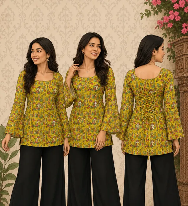 Elegant_Women's_Rayon_Top_Floral_Print_Bell_Sleeves_Back_Dori_Style_Grass_Green