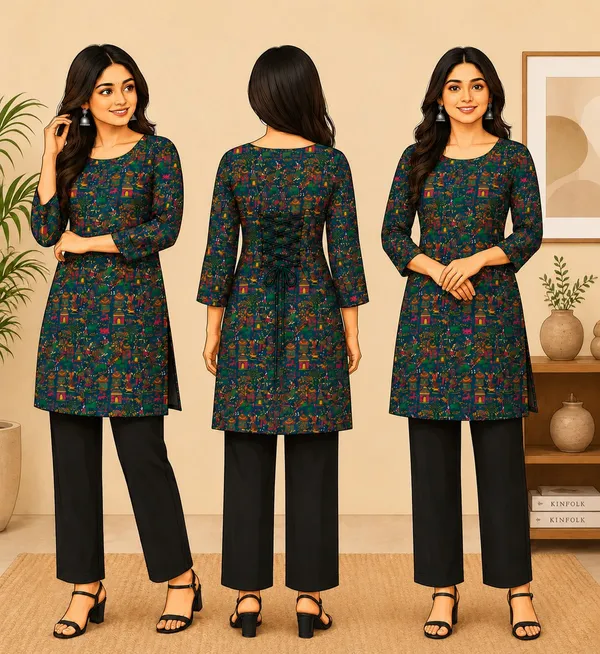 Elegant_Women's_Rayon_Top_Floral_Print_Bell_Sleeves_Back_Dori_Style_Peacock_Green