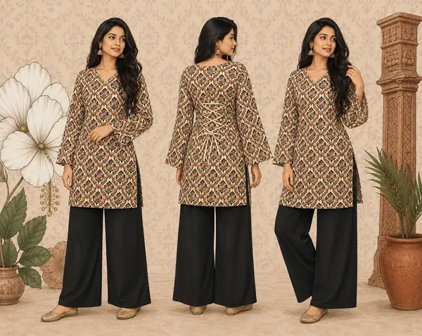 Elegant_Women's_Rayon_Top_Floral_Print_Bell_Sleeves_Back_Dori_Style_Checked_Pattern