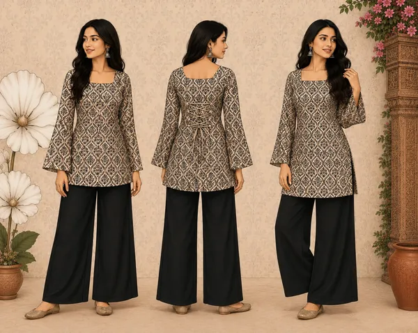 Elegant_Women's_Rayon_Top_Floral_Print_Bell_Sleeves_Back_Dori_Style_Grey
