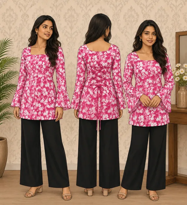 Elegant_Women's_Rayon_Top_Floral_Print_Bell_Sleeves_Back_Dori_Style_Pink