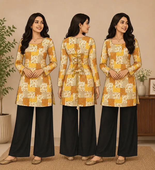 Elegant_Women's_Rayon_Top_Floral_Print_Bell_Sleeves_Back_Dori_Style_Yellow