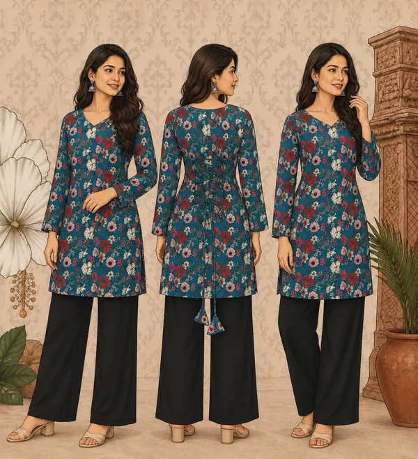 Elegant_Women's_Rayon_Top_Floral_Print_Bell_Sleeves_Back_Dori_Style_Blue