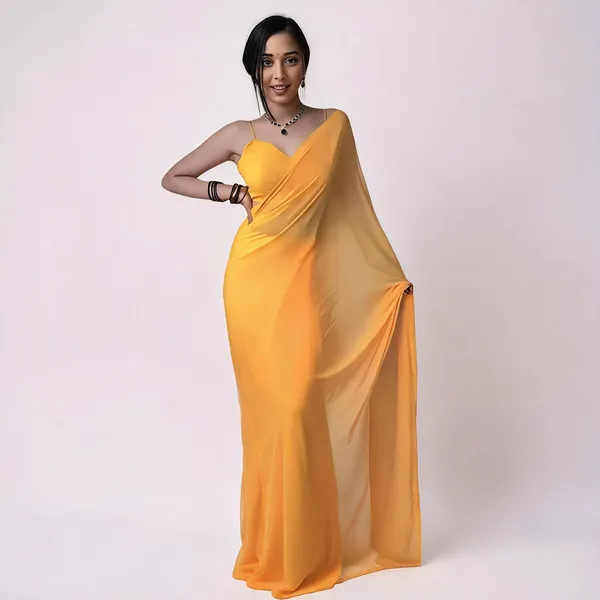 1_Min_Ready_To_Wear_Saree_Blooming_Georgette_Saree_Mustard_Yellow_With_Green