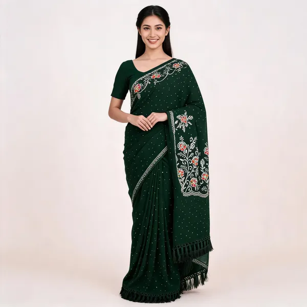 Georgette_Saree_With_All_Over_Siroki_Diamond_With_Fancy_Zalar_Dark_Green
