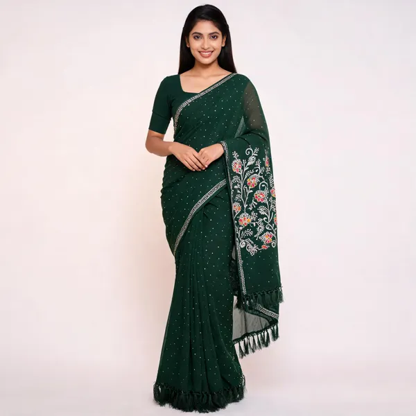 Georgette_Saree_With_All_Over_Siroki_Diamond_With_Fancy_Zalar_Dark_Green