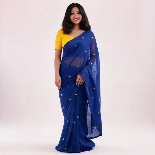 Khadi_Cotton_Sarees_Royal_Blue_With_Yellow_Blouse