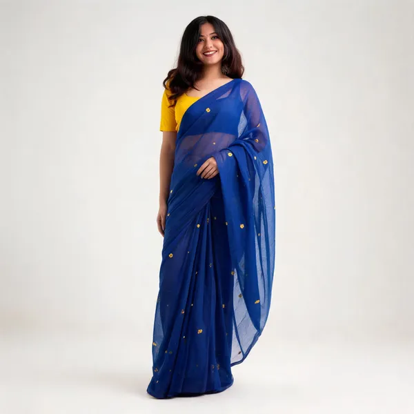 Khadi_Cotton_Sarees_Royal_Blue_With_Yellow_Blouse