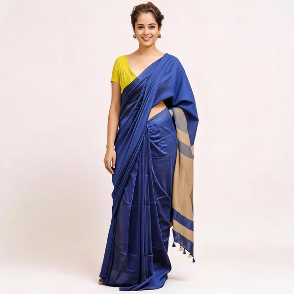 Khadi_Cotton_Sarees_Royal_Blue_With_Yellow_Blouse