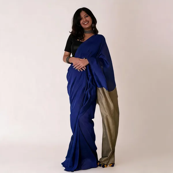 Khadi_Cotton_Sarees_Royal_Blue_With_Yellow_Blouse