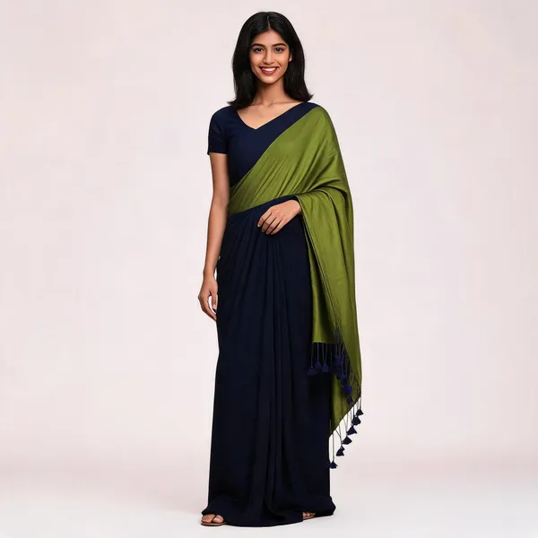 Khadi_Cotton_Sarees_Dark_Blue_With_Green