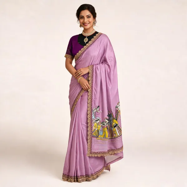 Print_Dola_Silk_Saree_With_Stitched_Blouse_Lavender_With_Purple
