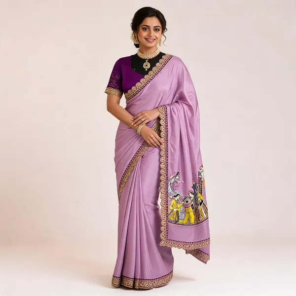 Print_Dola_Silk_Saree_With_Stitched_Blouse_Lavender_With_Purple