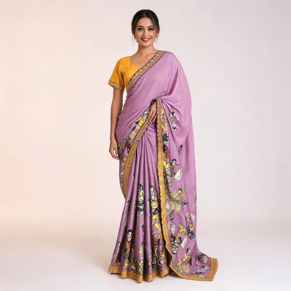 Print_Dola_Silk_Saree_With_Stitched_Blouse_Lavender_With_Yellow